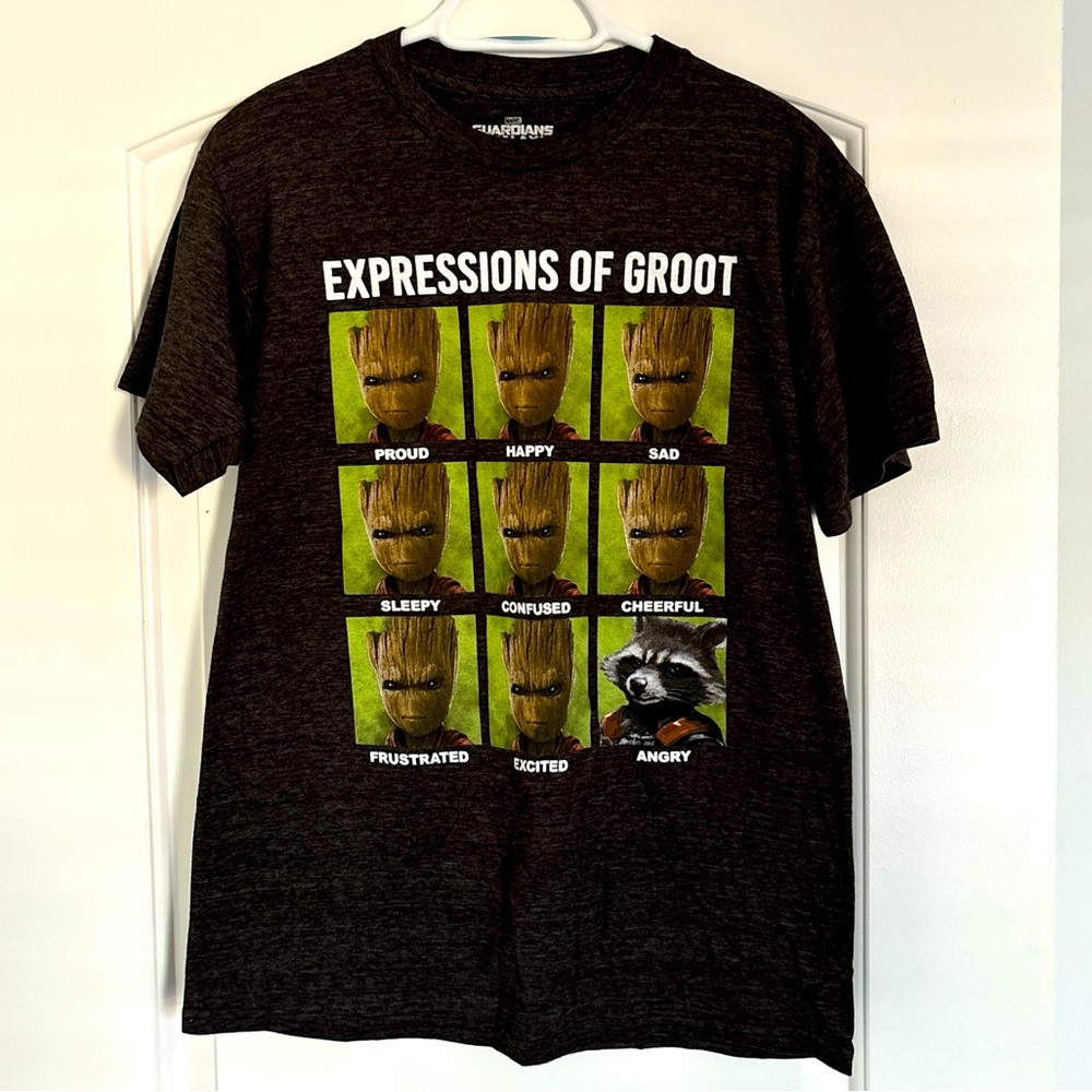 Men's Guardians of the Galaxy expressions of a Groot Tee Shirt Gray Size Medium